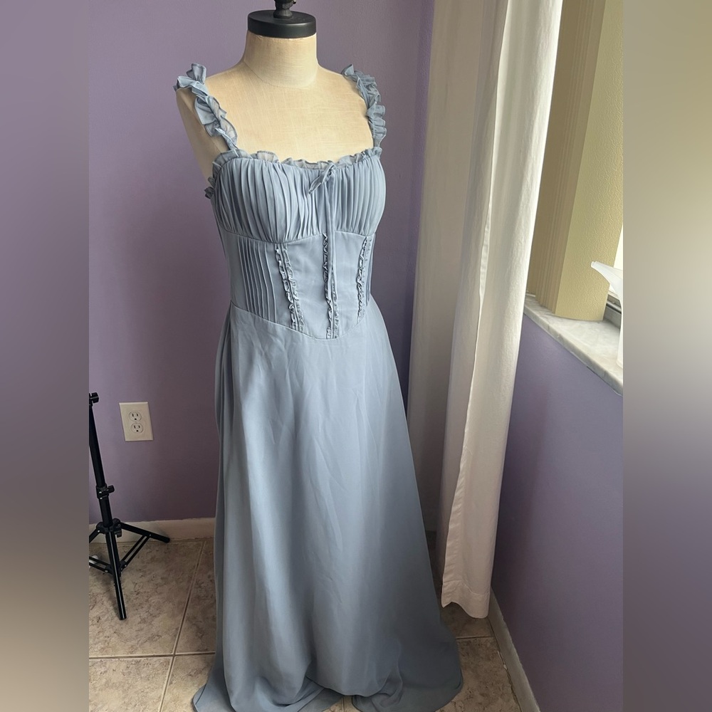 Azazie Blue Ruffle-Strap Maxi Dress - Picture 6 of 12